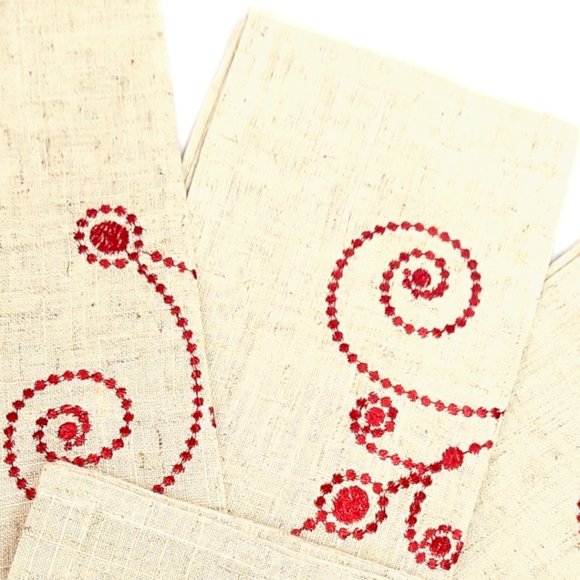 Cloth Napkins Set (4) Vintage Cotton Blend Cambria Weave Beige Red Embro… - Picture 4 of 6